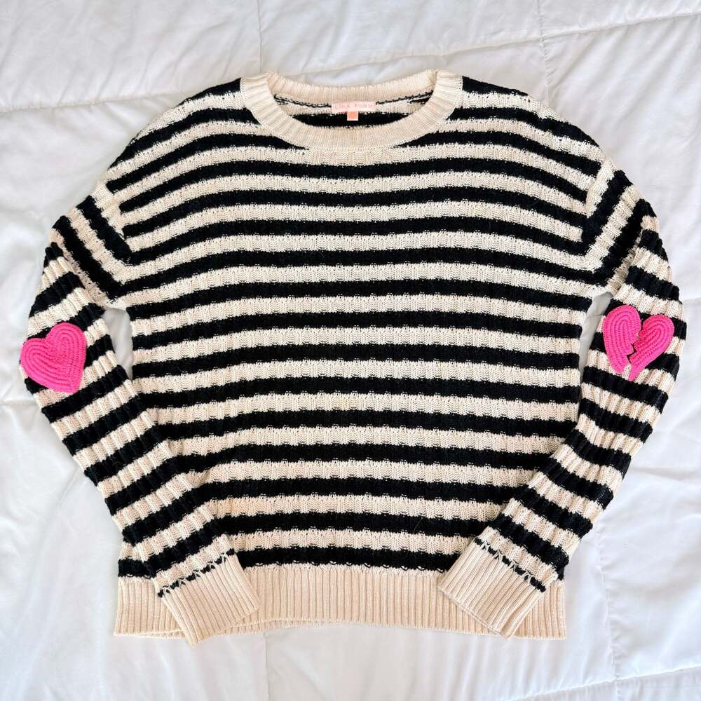 Lisa Todd Black and White Striped Pullover Sweater with Pink Heart Elbow Patches - Picture 10 of 16